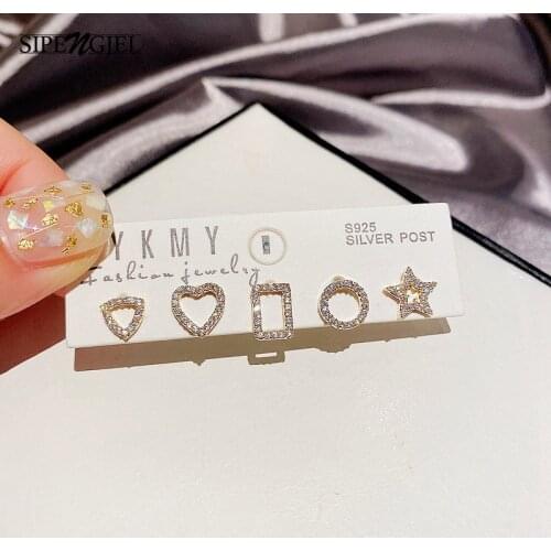 SIPENGJEL Sterling Silver 925 Needle Stud Earrings For Women Circle Heart Square Star Piercing Earrigns Set Fashion Jewelry 2021