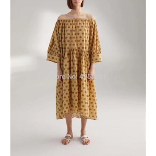 ElfStyle Cotton Printed Loose Dress - 2020 Spring Sumer Female Brick Red/Ginger Yellow Dress