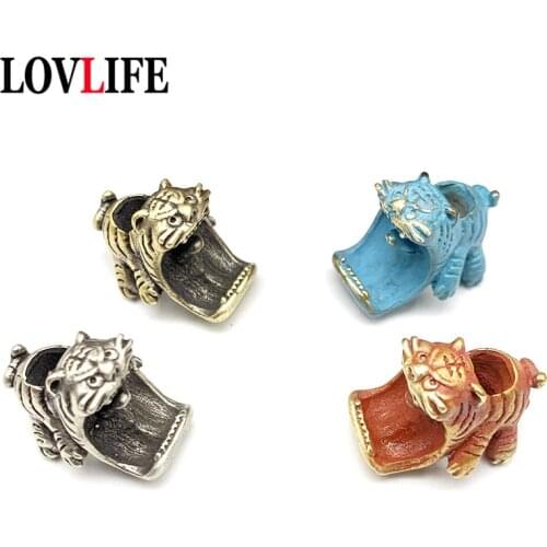 Tiger Knife Beads Brass Animal Keychain Pendants Outdoor EDC Tool Paracord Umbrella Rope Hangings Jewelry Car Keyrings DIY Parts