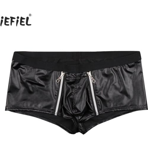 Faux Leather Boxer Shorts Zipper Pouch Open Front Men Underwear Fashion Punk Erotic Sexy Gay Panties Underpants Lingerie