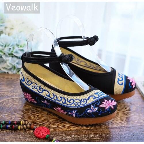 Veowalk Vintage Women Canvas Lotus Shoes Ladies Floral Cotton Fabric Embroidered Strappy Flat Platforms Zapatos Mujer Size 34-41