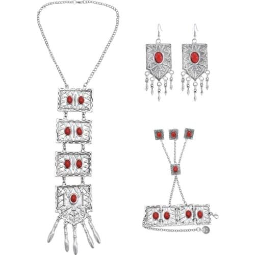 Vintage Afghan Silver-color Metal Red Stone Necklace Bracelet Earrings Sets for Women Bohemian Gypsy Party Indian Jewelry Sets