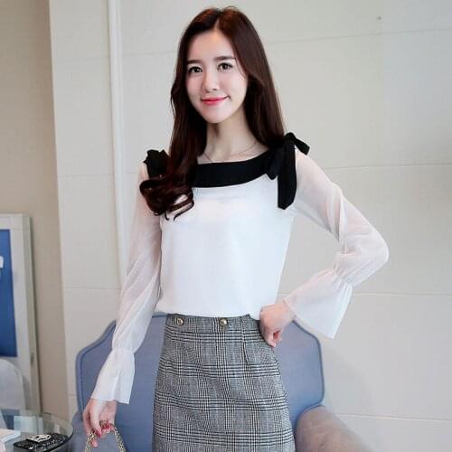 Womens Spring Summer Style Chiffon Blouses Shirt Womens Long Sleeve Bow Lace Up O-neck Patchwork Elegant Tops DD8639
