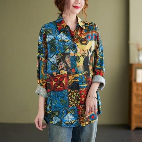 Women Long Sleeve Autumn Shirts New 2021 Autumn Vintage Turn-down Collar Creative Printed Loose Ladies Elegant Tops Blouse Retro