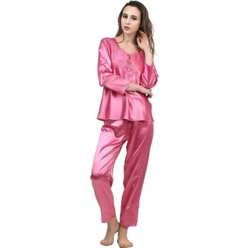 New Satin Women Pajamas Sets Long Sleeves Nightshirt Top with Full-length Pajama Pants Pyjamas Sleepwear Ladies Home Clothing