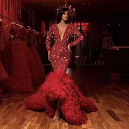 Red Sequined Ruffles Mermaid Maxi Dress Elegant Women Long Sleeve V Neck Luxury Beaded Celebrity Evening Party Long Dress 2019