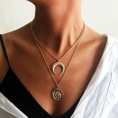 Vintage Sun Moon Pendant Layered Necklace For Women Fashion Aesthetic Collarbone Chain Choker Jewelry Initial Charm Party Gift