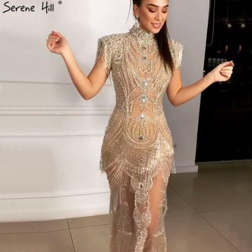 Serene Hill Dubai Gold High Collar Luxury Evening Dress 2020 Sleeveless Diamond Beading Tassel Sexy Formal Party Gown CLA60893