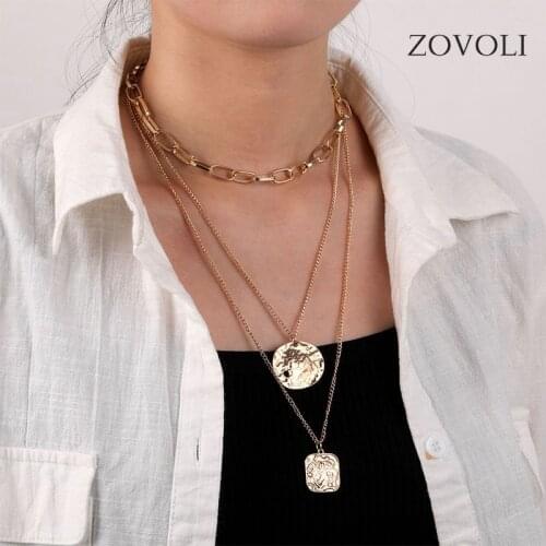 ZOVOLI Grunge Aesthetic 3 Layer Gold Chain Choker Necklaces For Women Carved Coin Square Pendant Necklace For Men One Piece