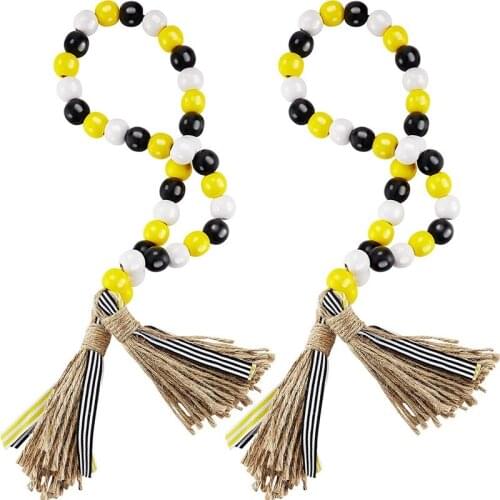 2 Pieces Bee Wood Bead Garland Rustic Bead Garlands Wooden Garland Beads with Tassels Honeybee Wood Bead Tassel