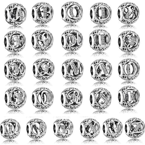 26 Alphabt A-Z Vintage Beads for Charms Bracelets Women Clear CZ Round Shape Beads for Jewelry Making Fashion Silver 925 Jewelry