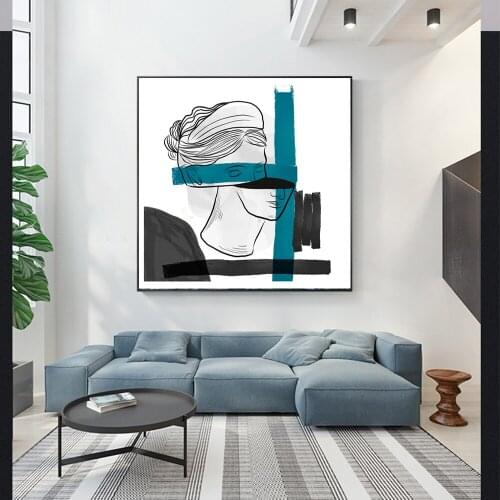Abstract Line Prints Drawn Female Portrait Poster Blue Fashion Sketch Canvas Painting Minimalist Woman Art Decor Wall Picture