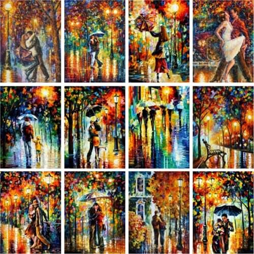 DIY Diamond Painting Rain City Night Street Lovers Full Square Diamond Embroidery Abstract Landscape Rhinestone Mosaic Wall Art
