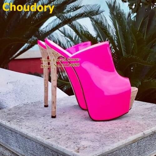 Choudory Wood Thin High Heel Slippers Pink Patent Leather Open Toe Platform Sandals Slip-on Neon Yellow Dress Shoes Size47 Pumps