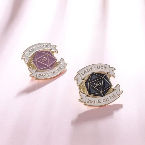 Two styles Purple Black Polyhedron D20 Dice Brooch For Women "Lady Lucky Smile On Me" Lucky Game Badge Lapel Pin Jewelry