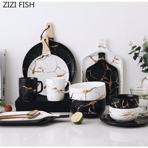 European Marble Glazes Ceramic Party Tableware Set Porcelain Breakfast Plates Dishes Noodle Bowl Coffee Mug Cup For Decoration