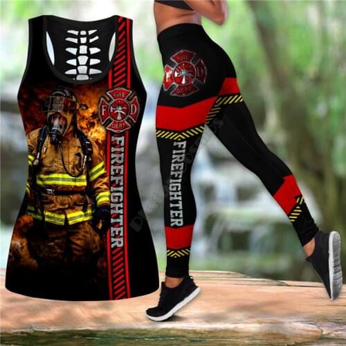 Brave Firefighter Combo Outfit Leggings and Hollow out Tank Top Suit Sexy Yoga Fitness Soft Legging Summer Women For Girl