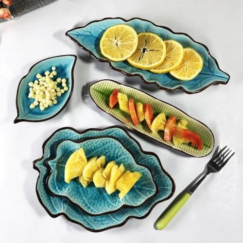 Lake Blue 10 Inch Creative Ceramic Leaf Fruit Sushi Salad Plate Long Square Dish Lotus Large Practical Snack Plate
