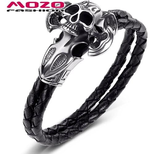 Fashion Jewelry Mens Bracelets Black Double Layer Leather Punk Skull Charm Hot Demon Stainless Steel Bangle PS1027