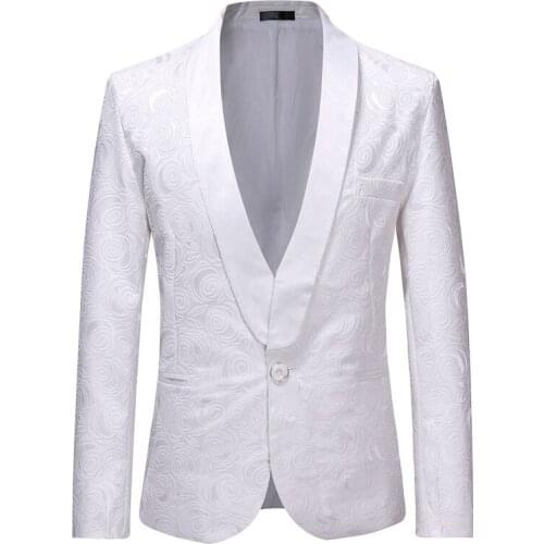 Mens White Rose Jacquard Dress Suit Jacket Slim Fit One Button Blazer Men Wedding Prom Tuxedo Blazer Stage Singer Costume Homme