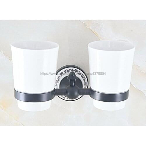 Wall Mounted Oil Rubbed Bronze Double Cup Holder Toothbrush Holder with Two Ceramics Cups Rack Tumbler Holder Nba759