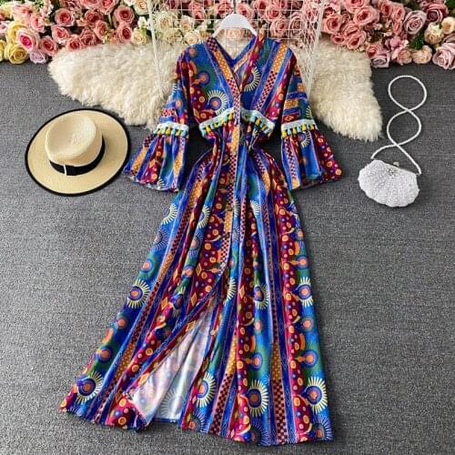 2021 Summer New Style Seaside Vacation Beach Travel Loose V-neck Vestidos Female Yunnan Bohemian Ethnic Midi Dress GK150