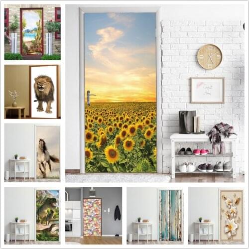 Sunflower Wallpaper On The Door Self-adhesive Waterproof Stickers For Wood Doors Living Room Bedroom Renovation Poster De Portes