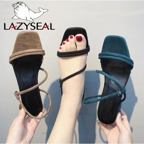 LazySeal Shoes Women Sandals Suede Square Heels Peep Toe Buckle Strap High Quality Womens Fashion Summer Shoes Plus Big Size 44