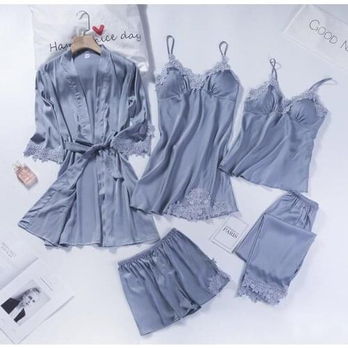 Spring Summer Women Pajamas Set Soft Faux Silk Satin 5PCS Loungewear Trouser SuitSexy Patchwork Lace Sleepwear Wedding Robe Set