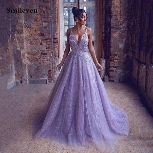 Smileven Purple A Line Glitter Tulle Prom Dress Spaghetti Straps Appliques Long Backless Evening Gowns Beaded Formal Party Gowns