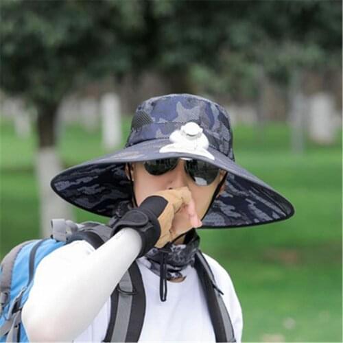 Wide Brim Sunscreen Hats With Fan Neck Face Flap Sun Caps For Outdoor Fishing Sports Take small fan to cool and comfortable