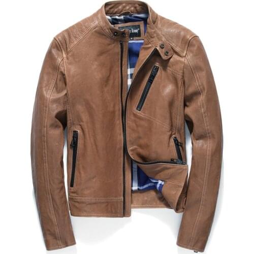 Vintage Genuine Leather Jacket Men Spring Autumn Motorcycle Leather Jacket Real Sheepskin Leather Coat Jaqueta Couro YY450