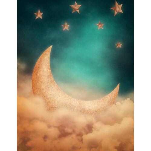 Water Cyan Dreaming Style Moon with Golden Stars Vinyl Backdrops for Photography White Cloud Newborn Baby Photo Studio Props