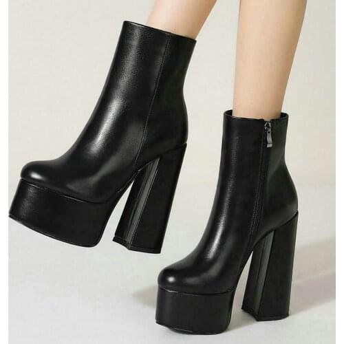 2021 Women Ankle Boots Platform Square High Heel Ladies Motorcycle Boots Faux Leather High High Quality Womens Boots Black