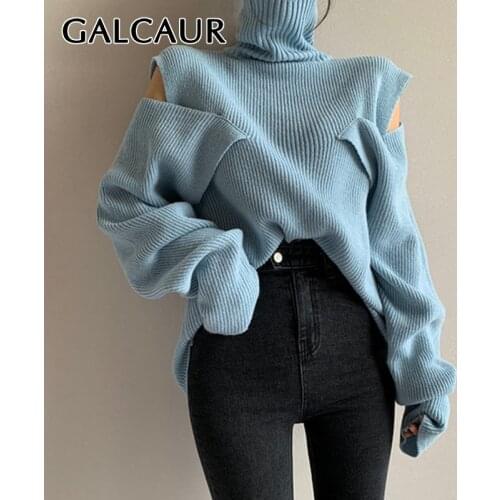 GALCAUR Asymmetric Sweater For Women Turtleneck Lantern Long Sleeve Off Shouder Patchwork Knitted Sweaters Female 2020 New New
