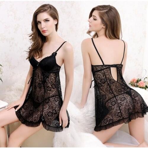 2016 New Women Sexy Sleepwear Lace Hallow Out Floral Saghetti StriT Lingerie Nightgown Set & G-string Summer Night Dress iT321