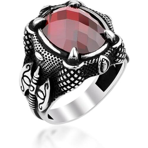 925 Sterling Silver Ring for Men with Red Zircon Stone and Eagle Claw Vintage Gift Jewelry Fasion Onyx Agate Zircon men Rings