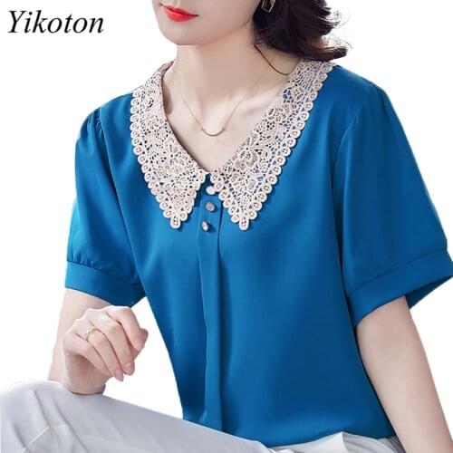 Summer Plus Size Chiffon Shirt And Top Women Blouse Fashion Peter pan Collar Puff Sleeve Office Lady Tops Shirts Elegant Blusas