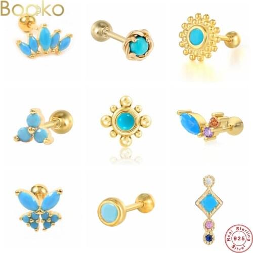 Boako 1pc/2pcs 925 Sterling Silver Turquoise Cartilage Spiral Stud Earring for Women Crown Helix Ear Studs Piercing Gift Jewelry