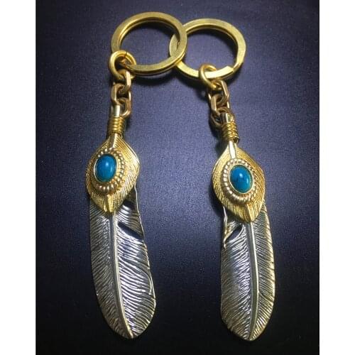 Handmad Solid Brass Keychain Feather pandent Waist Hook key Chains Car Key Ring Vintage Copper Key Holders Organizer