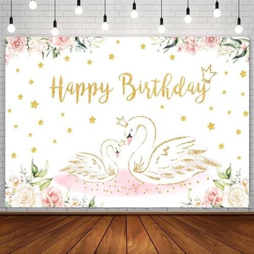 Happy Birthday Party Backdrop Swan Princess Crown Golden Twinkle Little Star Girl Photography Background Studio Photozone Props