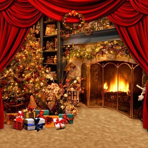 Fancy Xmas Tree Gold Fireplace Vintage Christmas Photography Backdrops Red Curtain Stage Background for Holiday 150cm*200cm