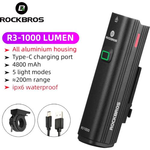 ROCKBROS 1000Lumen 4800mAh Bicycle Light USB Charging Bike Headlight Power Bank Flashlight Handlebar MTB Road Cycling Highlight