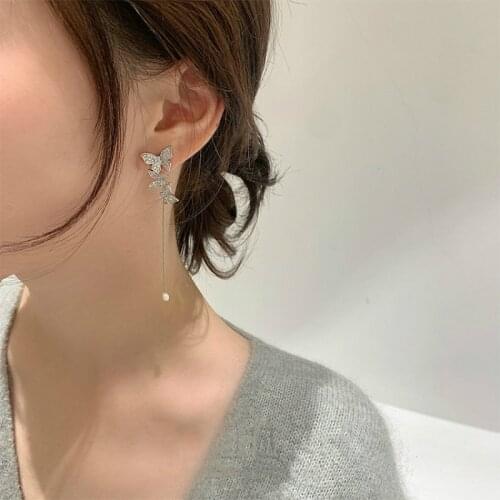 Korean Earings Fashion Jewelry Asymmetric Rhinestone Butterfly Long Statement Earrings Stud Earrings For Women Wholesale