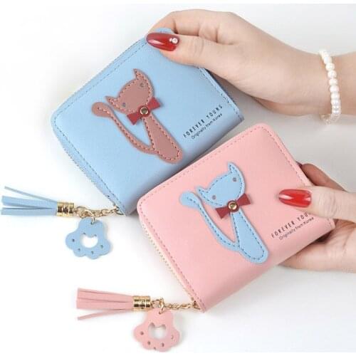 Coin Purse Fashion Woman Wallet Zipper Girls Purses Burse Mini Bags Lady Money ID Cards Keys Bags With Cat Tassels Wallets