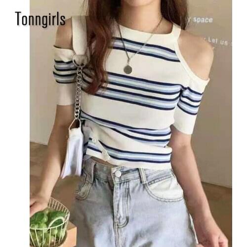 Tonngirls Summer Knitted T Shirt Women Casual Slim T-shirt Short Sleeve Hollow Out Tee Tops Female Korean Style Striped Top 2021