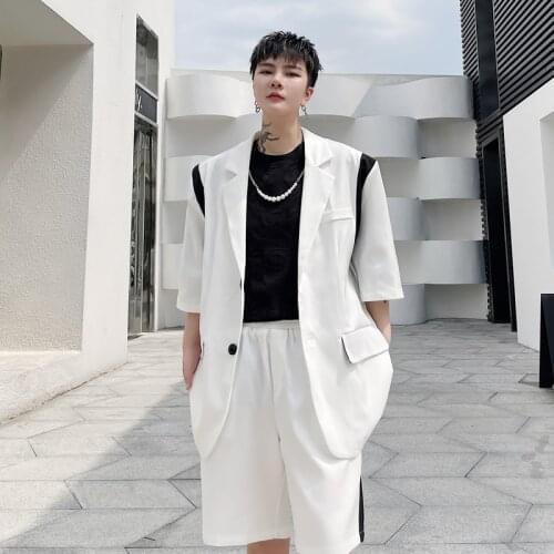 Summer personalized color contrast splicing Korean mens short sleeve suit hairstylist youth Suit Shorts two piece set