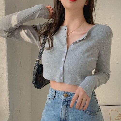 LJSXLS Knitted Short Sweater Womens Casual Solid Long Sleeve Clothes Women 2021 Spring Autumn Button Open Stitch Gray Top Femme
