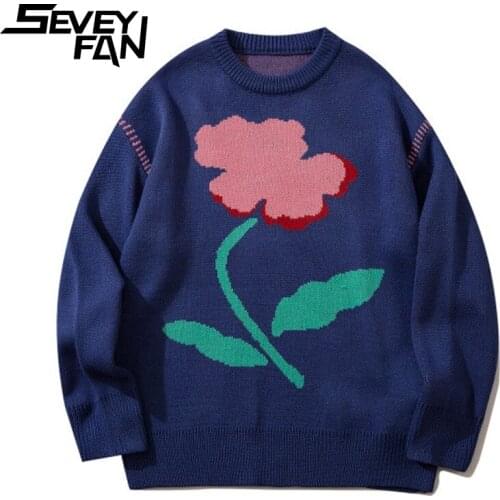 SEVEYFAN Mens Fashion Floral Jacquard Sweater BF Loose O Neck Knitwear New Autumn Pullover Sweaters for Couples