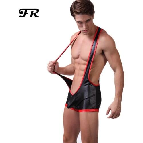 New Arrival Sexy Mens Back Open Suspender Jockstrap Wrestling Singlet Underwear Faux Leather Strecth Bodywear